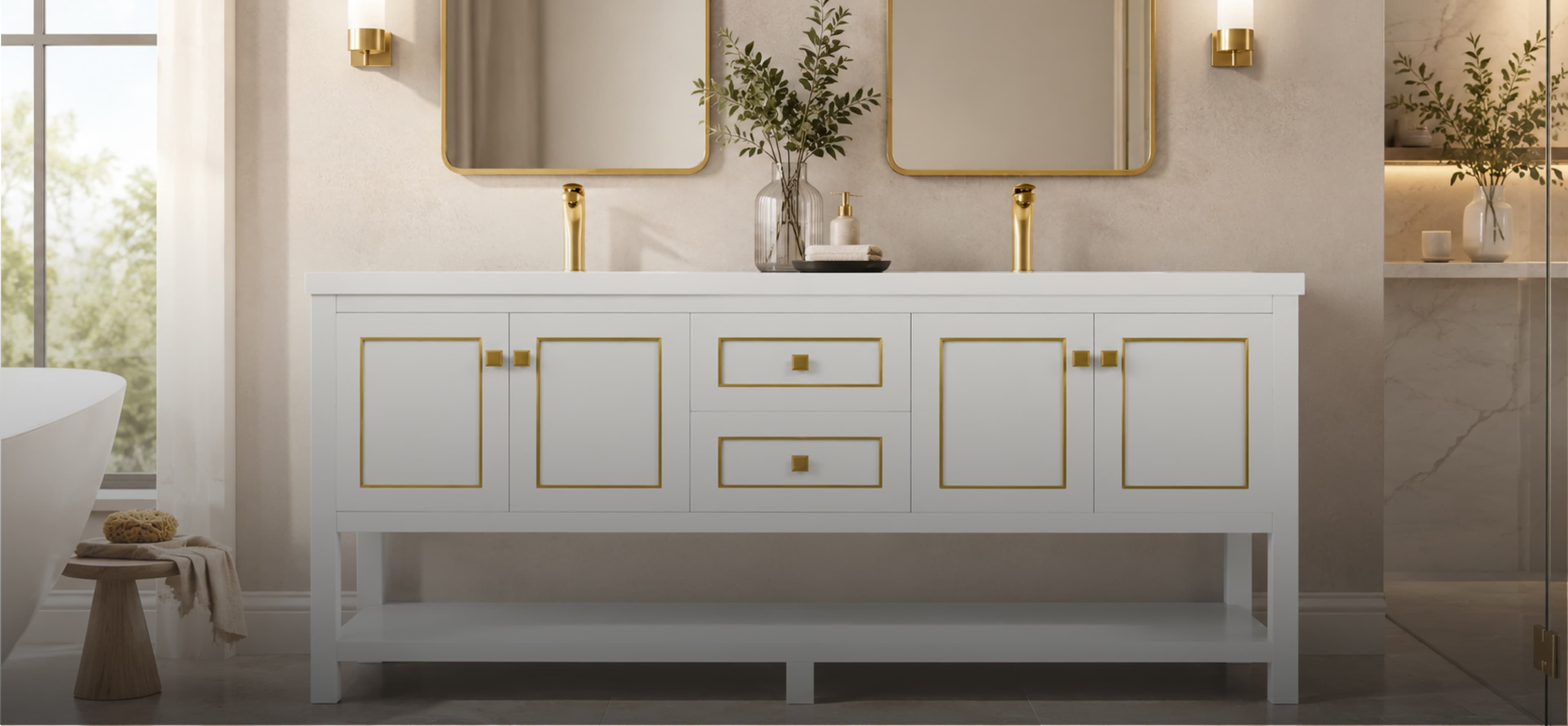 White double vanity with brass detailing